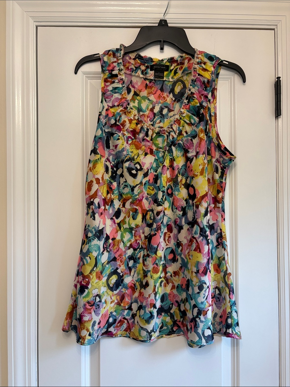 Spense Multicolor Floral-Abstract Ruffle Neck Tank - Teal, Pink, Yellow